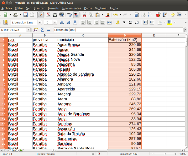 Hoja de cálculo con los datos